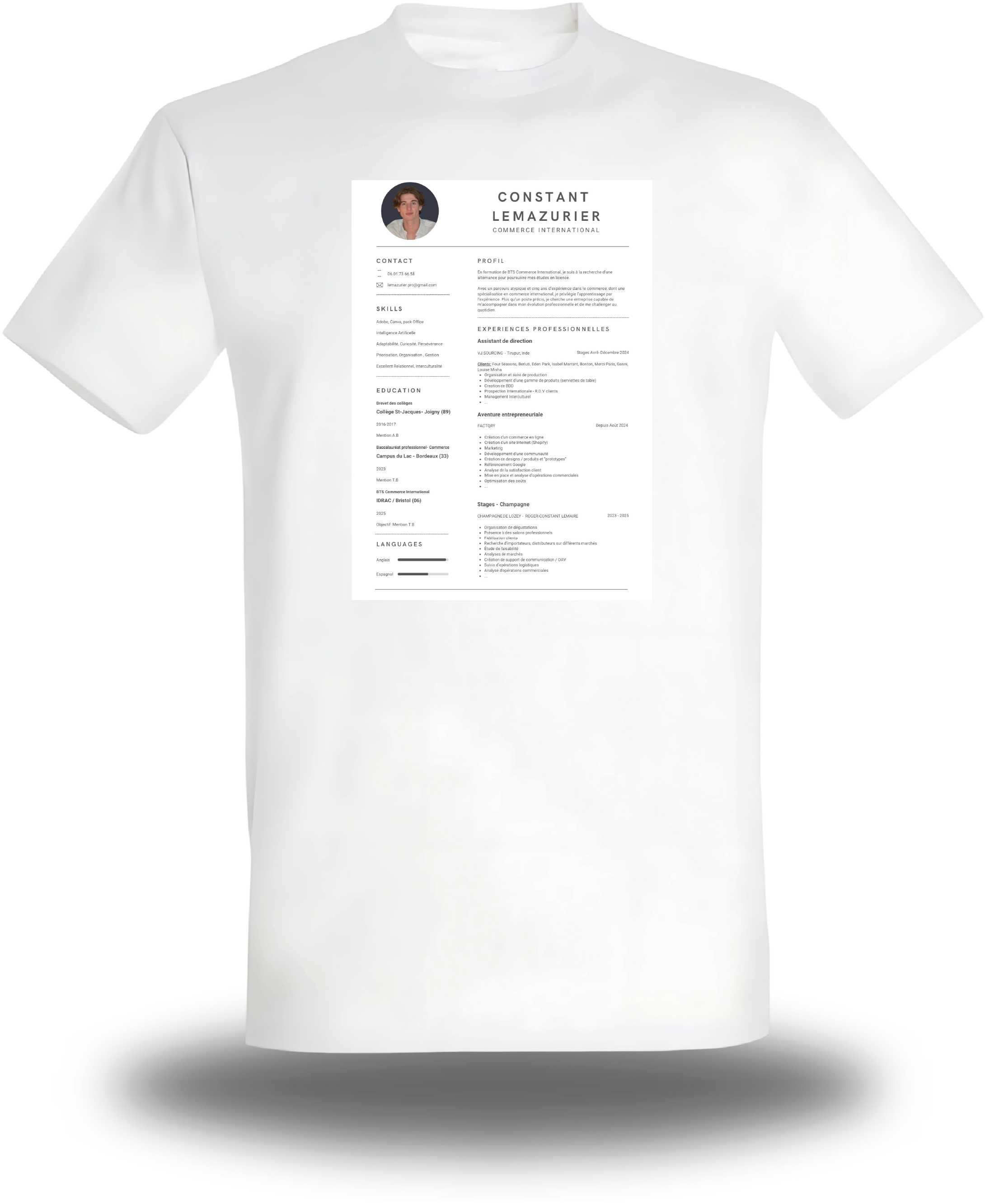 T-shirt blanc « CV - Cherche 1 Emploi » vu de face, design humour